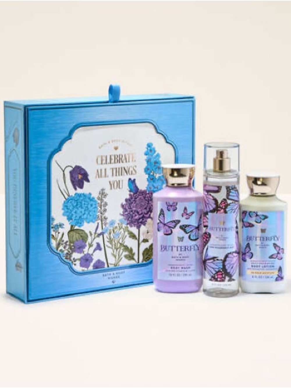 Bath & Body Works Blue Floral Gift Box with Gold Lettering